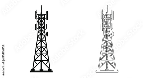 Two depictions of a cellular tower in black and white line art