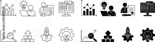 Business and finance analytics icon set – growth, profit and startup icons