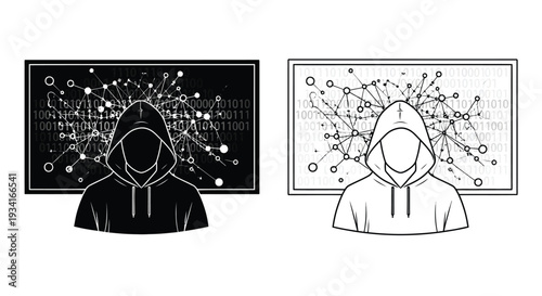 Anonymous hacker silhouette with binary code background in two variations
