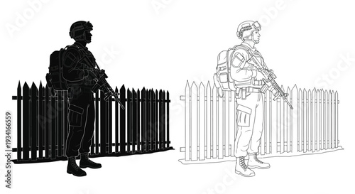 Soldiers guarding a fence contrasting black silhouette and line art