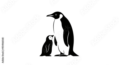 Simple black and white illustration of a penguin and its chick.