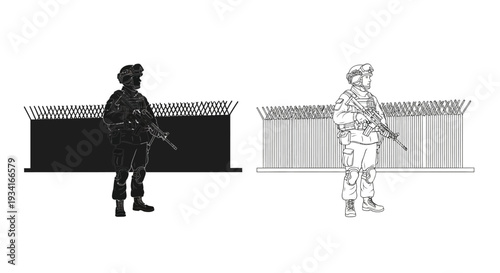 Soldier silhouettes with barbed wire a contrasting black and white depiction