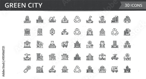 Green city icons set with various eco friendly buildings and symbols