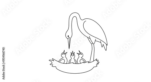 Simple line drawing of a stork with chicks in a nest.