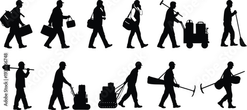 Workers walking with tools – construction and industrial laborer silhouette set for Labor Day, worker day