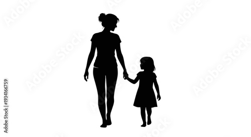Silhouette of mother and daughter holding hands while walking together.