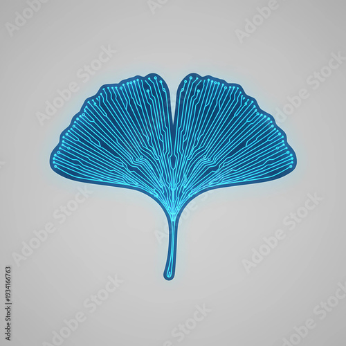 Blue Ginkgo Leaf with Digital Circuit Board Pattern, Modern Bio-Tech and Nature Integration Concept Art