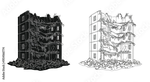 Ruined building illustrations depicting destruction and aftermath of collapse