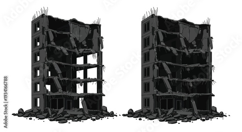 Two depictions of a severely damaged partially collapsed building