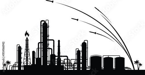 Flat vector illustration of oil refinery under missile strike, symbolizing energy conflict, geopolitical tension, industrial vulnerability, war, destruction