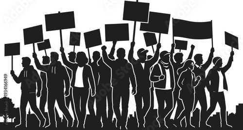 Flat vector illustration of protest crowd with banners in urban setting, symbolizing activism, civic engagement, freedom, unity, collective movement