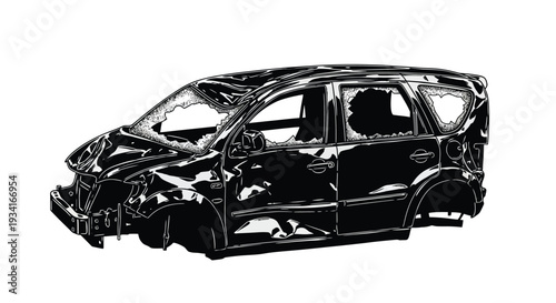 Damaged car illustration a black and white depiction of vehicular wreckage
