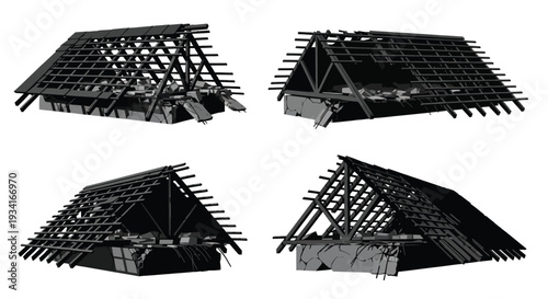 Architectural rendering of a thatched roof structure from multiple angles