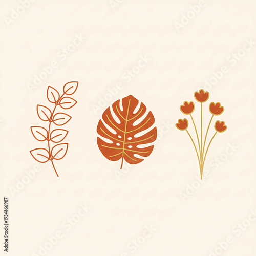 Minimalist Botanical Leaf and Flower Icon Set, Boho Terracotta Plant Illustrations on Beige Background, Modern Nature Graphic Elements