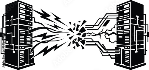 Flat vector illustration of servers clashing with energy burst, symbolizing cyber attack, data breach, network conflict, cybersecurity, digital disruption