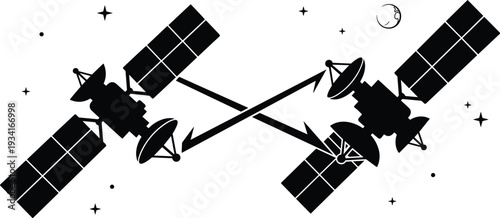 Flat vector illustration of satellites communicating in space, symbolizing data transmission, global telecommunications, GPS, technology, connectivity, digital exchange