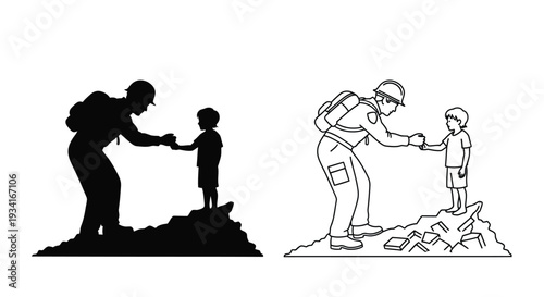 Two depictions of a firefighter assisting a child one in silhouette