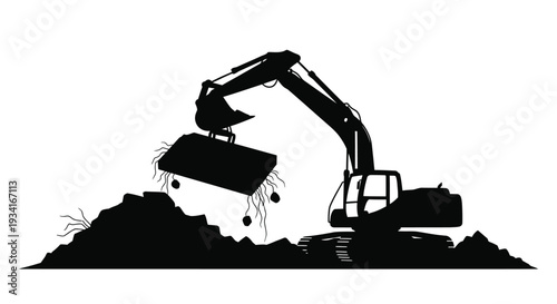Silhouette of an excavator lifting a tree with roots attached