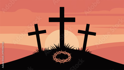 Three crosses on a hill at sunset with a crown of thorns symbolizing sacrifice and faith