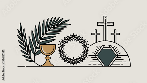 Easter symbols including palm leaves chalice crown of thorns and crosses on a hill with a tombstone