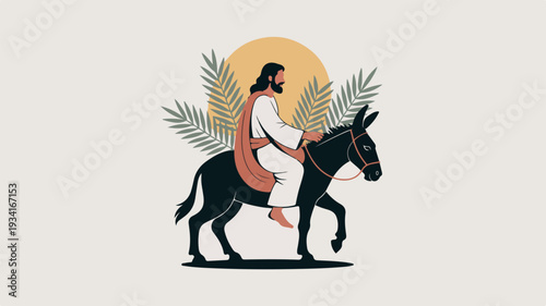 Man rides donkey with red cloak walking under sunny palm trees in desert landscape