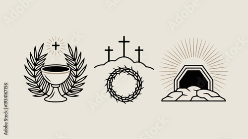 Easter symbols christian faith icons resurrection cross chalice wreath tomb religious holy week celebration