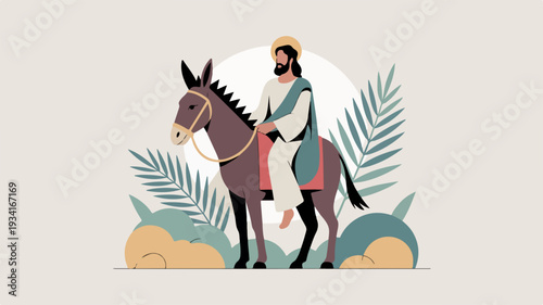 Man riding brown horse with red saddle through green tropical plants and beige rocks on white background