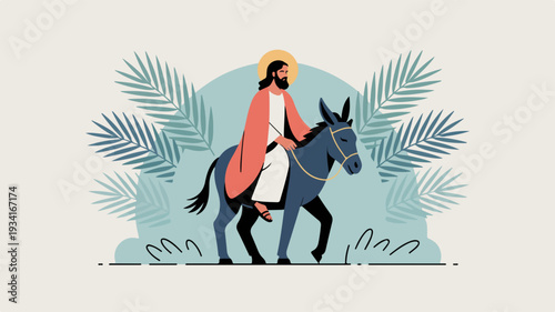 Man rides donkey through tropical landscape with palm trees wearing white robe and orange cloak