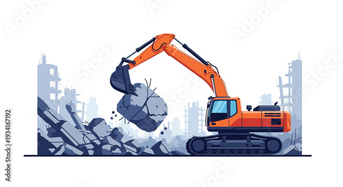 Orange excavator demolishes a building lifting large debris and rubble