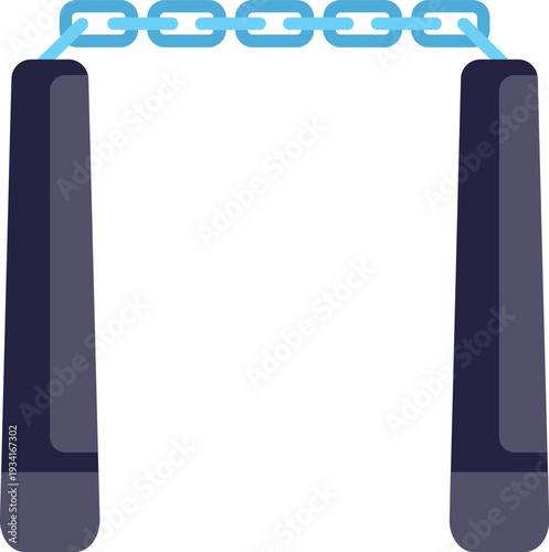 Flat vector illustration of martial arts nunchaku with black handles and blue chain
