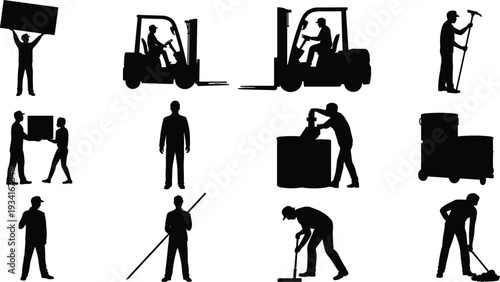 Warehouse and construction worker silhouettes operating forklift, carrying boxes and cleaning floor, isolated black vector illustration set