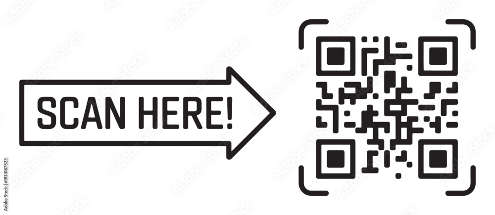 Obraz premium Scan here template, scannable QR code, quick response barcode, smartphone-compatible, vector digital label with product info