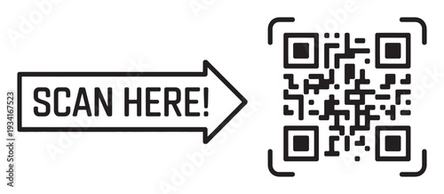 Scan here template, scannable QR code, quick response barcode, smartphone-compatible, vector digital label with product info