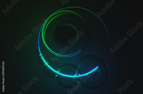 Blue and green neon beam with glass spheres on a black background. 3D rendering illustration.