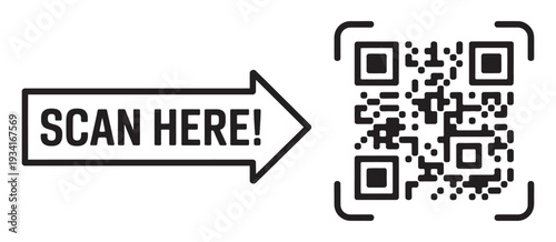 Scan here template, QR code vector, quick response barcode, smartphone readable, product information label, digital illustration