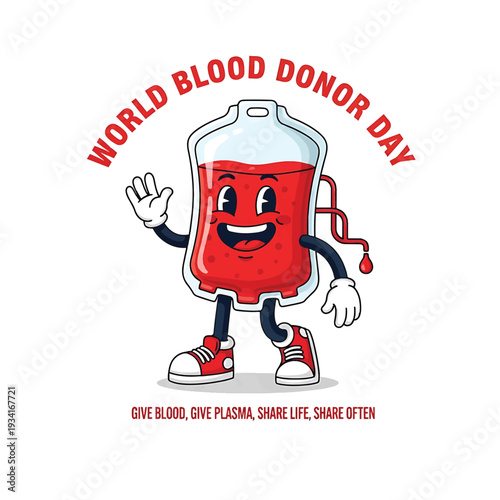 World Blood Donor Day cartoon character blood bag with friendly wave