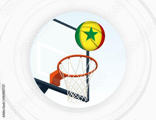 Senegal Flag Themed Basketball in Motion, Scoring Moment in Basketball Game.
