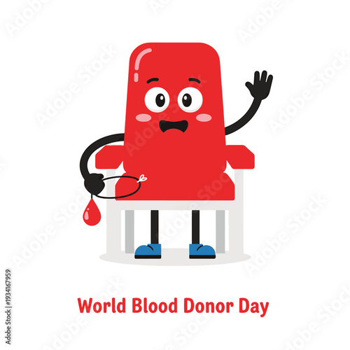Red cartoon blood donor character waving for World Blood Donor Day