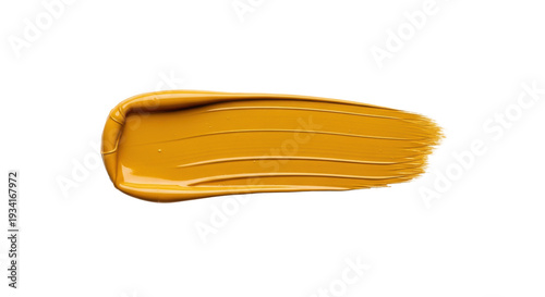A thick, textured, wet, golden-yellow paint stroke with glossy highlights, isolated on a transparent surface on a transparent background, viewed top-down. Concept for commercial art advertisement