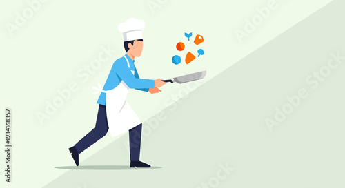 Chef Cooking Food in Pan, Healthy Ingredients Flying, Culinary Concept