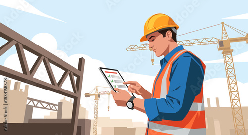 Construction worker with tablet checking plans on building site with cranes