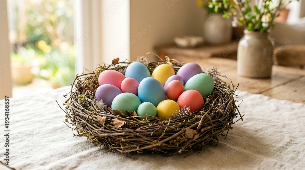 Obraz premium Pastel Easter Eggs in Rustic Nest on Linen Table