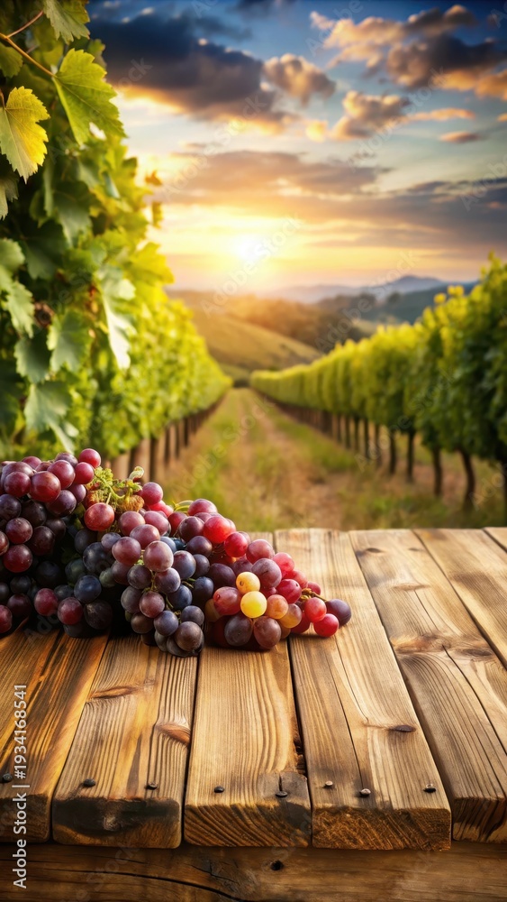 Obraz premium Rustic wooden table with a vineyard landscape background and bunches of grapes displayed on it