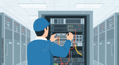 IT technician connecting cables in server room