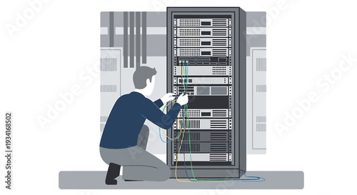 IT Technician Working on Server Rack in Data Center