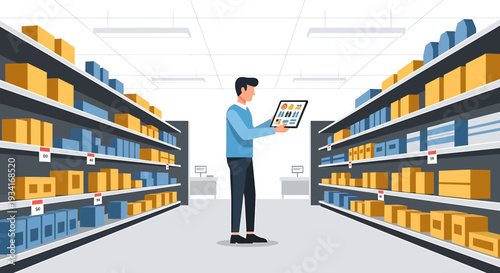 Man with Tablet in Warehouse Aisle Checking Inventory