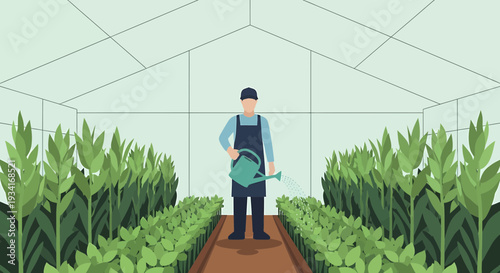 Gardener Watering Plants in Greenhouse: Farming, Agriculture, Growth