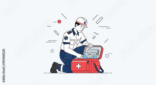 Paramedic Preparing First Aid Kit for Emergency Medical Care