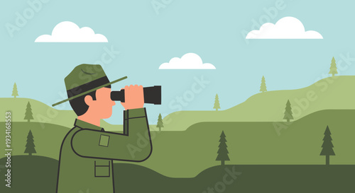 Park Ranger with Binoculars Observing Nature in Green Landscape