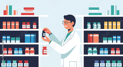 Pharmacist in lab coat holding medication bottle in modern pharmacy, shelves with medicine.